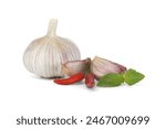 Whole garlic bulb with garlic cloves close to two red chili peppers and a sprig of basil leaves isolated on white background