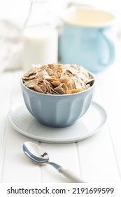 Whole Grain Cereal Flakes. Wholegrain Breakfast Cereals In Bowl On A Kitchen Table.