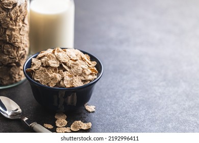 Whole Grain Cereal Flakes. Wholegrain Breakfast Cereals In Bowl On A Kitchen Table.