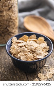 Whole Grain Cereal Flakes. Wholegrain Breakfast Cereals In Bowl On A Kitchen Table.