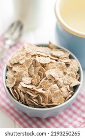 Whole Grain Cereal Flakes. Wholegrain Breakfast Cereals In Bowl On A Kitchen Table.