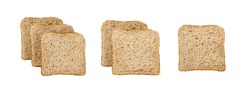Whole Grain Healthy Sandwich Bread Square Slices Isolated, Supermarket Bread For Toasts, Soft Sandwich Loaf Pieces On White Background Top View, Clipping Path