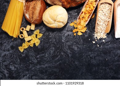 Whole Grain Products With Complex Carbohydrates On Rustic Background