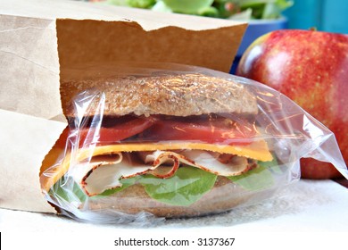 Whole Grain Sandwich In A Brown Paper Lunch Bag.