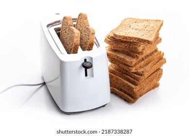 Whole Grain Toast Bread And Toaster. Isolate On White Background 