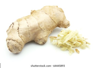 The Whole And Grated Ginger Close Up On A White Background