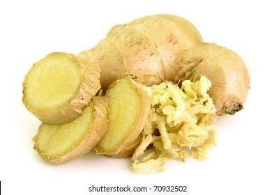 The Whole And Grated Ginger Close Up On A White Background