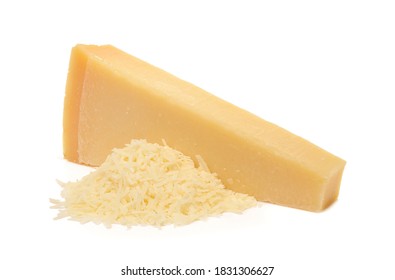 Whole and grated italian hard cheese Grana Padano or Parmesan isolated on white background. Delicious ingredient for pizza, sandwiches, salads. Front view.
