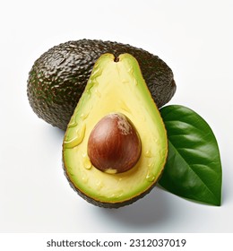 Whole and half avocado with water drops, closeup, isolated on white background. Fresh avocado half sliced with leaf and whole top view. - Shutterstock ID 2312037019