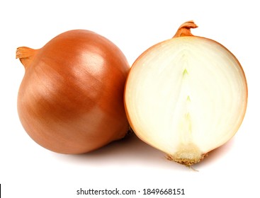 Whole and half bulb of golden onion are isolated on a white background.