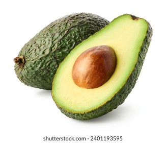 Whole and half of fresh green avocado isolated on white background