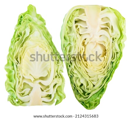 Whole and half fresh green pointed cabbage isolated on white background.