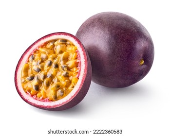 Whole and half fresh ripe passion fruit isolated on white background - Shutterstock ID 2222360583