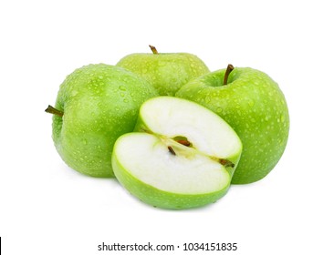 whole and half green apple or granny smith apple with drop of water isloated on white background