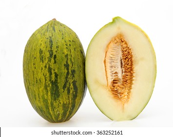 whole and half melon bollo piel de sapo white isolated