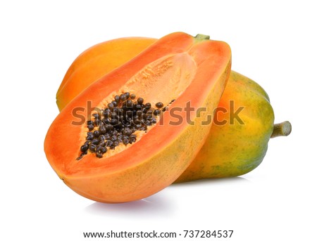 whole and half of ripe papaya fruit with seeds isolated on white background