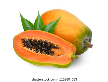 whole and half ripe papaya with green leaves isolated on white background