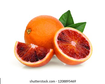 Whole And Half With Slice Blood Orange With Green Leaf Isolated On White Background