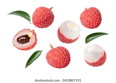 Whole and half slice of fresh red lychee fruit with leaf isolated on white background. - Powered by Shutterstock