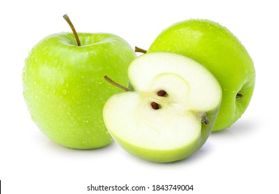 Whole and half slice of green granny smith apples isolated on white background.