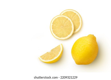 Whole and half sliced lemon isolated on white background. Top view. Flat lay. - Shutterstock ID 2209321229
