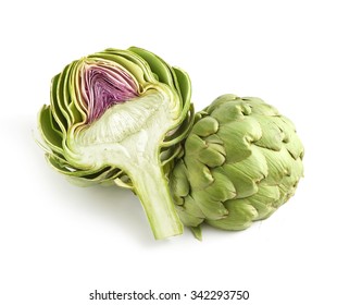 Whole and halved fresh artichoke cut through lengthwise to show the structure, side by side on a white background