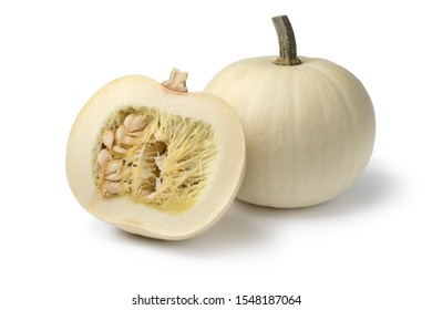 Whole and halved white Lumina pumpkin isolated on white background