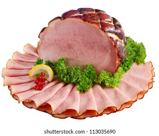 Whole Ham Honey-baked And Orange Glazed Displayed With Slices. Isolated On White.