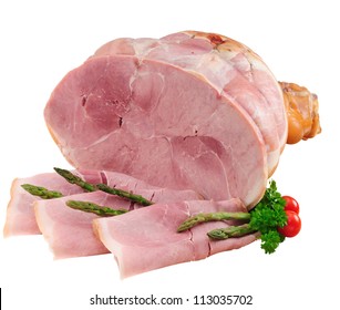 Whole Ham On Bone With Slices And Green Asparagus Tips. Isolated On White.