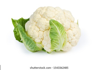 Whole head of the fresh raw cauliflower with some leaves close-up on a white background