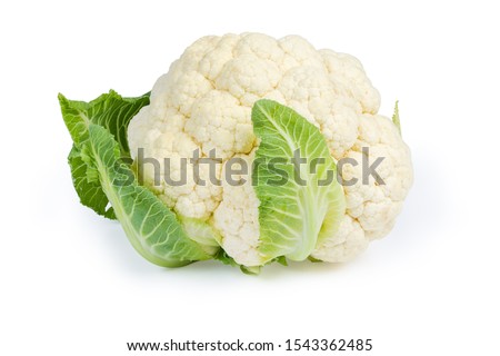 Whole head of the fresh raw cauliflower with some leaves close-up on a white background
