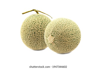 whole of japanese melons fruit, two yellow melon or cantaloupe melon  isolated on white background