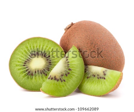 Whole kiwi fruit and his sliced segments isolated on white background cutout