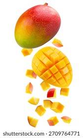 Whole  mango, large slice of mango cut into square pieces and individual cubic and triangular pieces fall in space. Isolated on white
