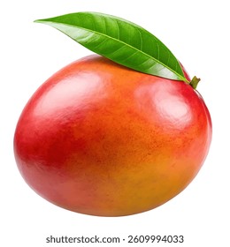 A whole mango with a smooth surface and a vibrant gradient of yellow to red, isolated on a white background. A mango isolated on white background, clipping path, full depth of field. 