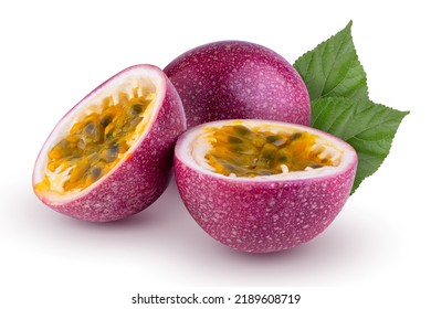 Whole Passionfruit And A Half Of Maracuya Isolated On White Background