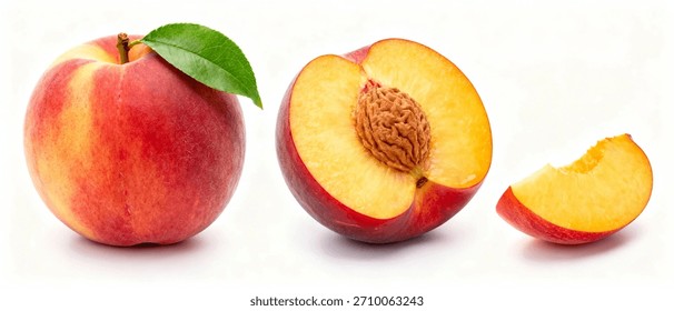 Whole Peach with Halved and Bitten Peach Slice Isolated on White Background