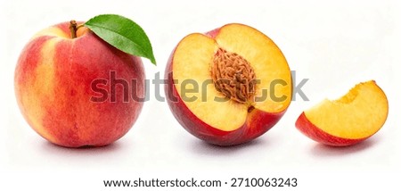Whole Peach with Halved and Bitten Peach Slice Isolated on White Background