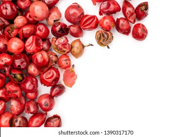 Lot Of Whole Peruvian Pink Pepper Copyspace Flatlay Isolated On White Background