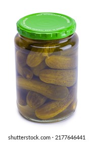 Whole Pickles In Jar Cut Out On White.