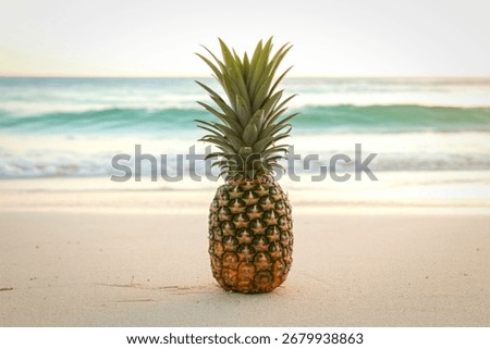 A whole pineapple is centered on a light sand beach, with soft blue ocean waves and a hazy sky in the background.