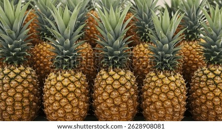 Whole Pineapple Resting on Rustic Surface Showcasing Textured Skin and Lush Green Crown in Focus