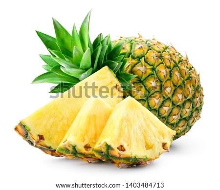 Whole pineapple and pineapple slice. Pineapple with leaves isolate on white. Full depth of field.
