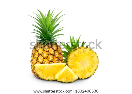  whole pineapple and pineapple slice. Pineapple with leaves isolate on white. Full depth of field. summer fruits, for a healthy and natural life,
