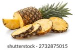 Whole pineapple split open with slices isolated on white background for stock photography, smoothie branding, or recipe layouts.