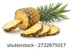 Whole pineapple split open with slices isolated on white background for stock photography, smoothie branding, or recipe layouts.