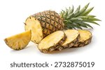 Whole pineapple split open with slices isolated on white background for stock photography, smoothie branding, or recipe layouts.