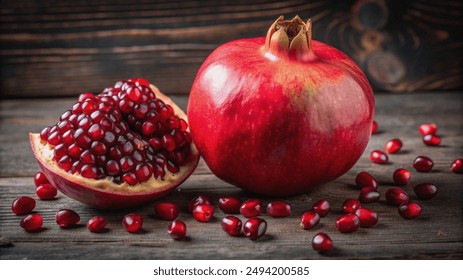 A whole pomegranate and a half-cut pomegranate with seeds on a rustic wooden surface. - Powered by Shutterstock