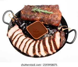 Whole Pork Tenderloin On Metal Server. Isolated On White.