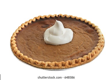 A Whole Pumpkin Pie With A Dollop Of Whipped Cream On Top - Isolated. (focus Point Is Center Of Pie)